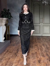 French Sequin Tweed 2-Piece Set — Cropped Long-Sleeve Jacket & Long Pencil Skirt